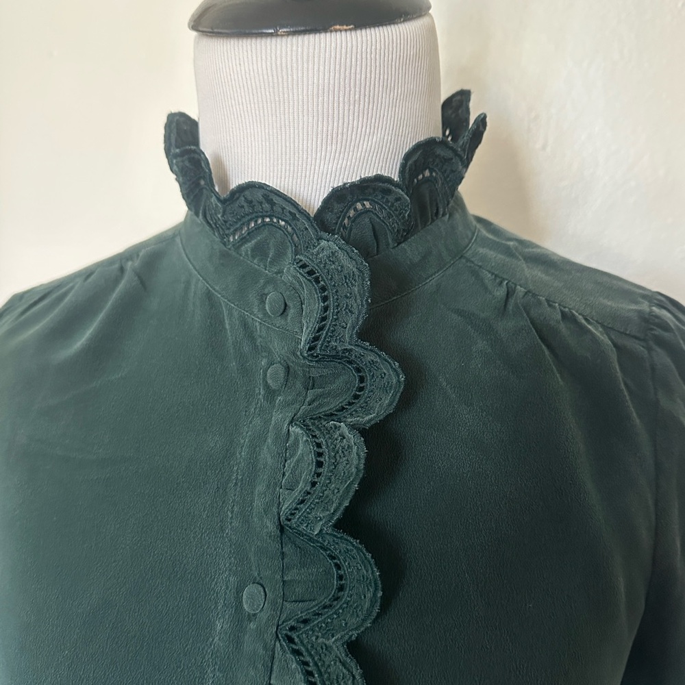 Sezane Elegant Green Lace Trim Blouse